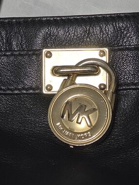 Michael Kors Black Leather Tote with Gold MK Padlock Accent